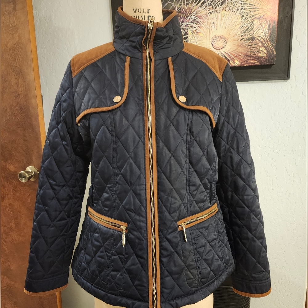 Vince Camuto Navy and Brown Quilted Equestrian Utility Women's Jacket